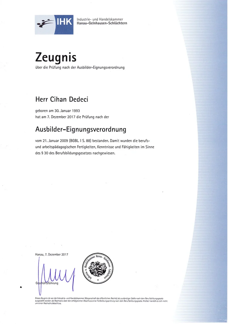 Ausbilderschein - MainPrüfer Kfz-Gutachter Zertifikat