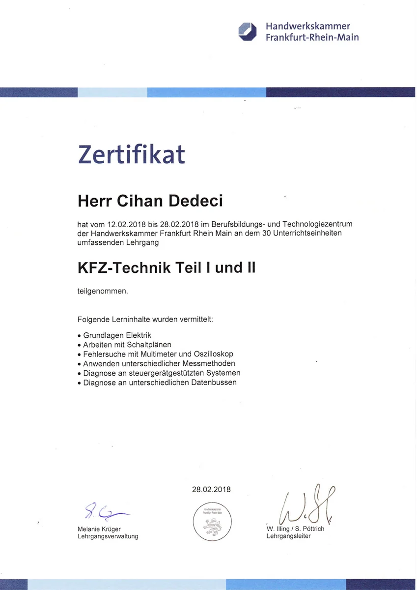 Kfz-Technik Kurs 1 - MainPrüfer Kfz-Gutachter Zertifikat