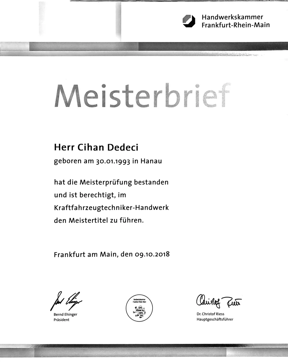 Kfz-Meisterbrief - MainPrüfer Kfz-Gutachter Zertifikat