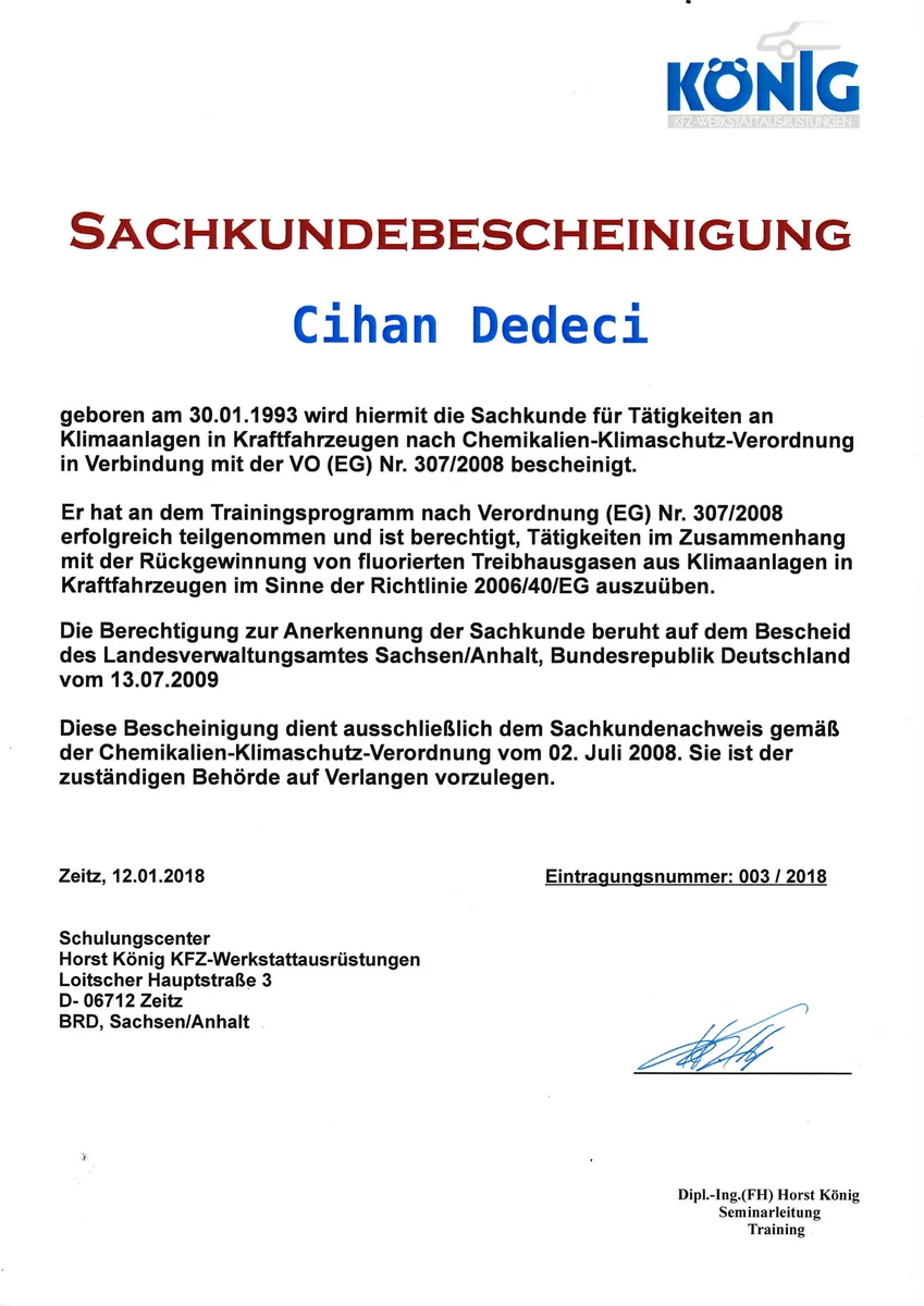 Klima Sachkundenachweis - MainPrüfer Kfz-Gutachter Zertifikat