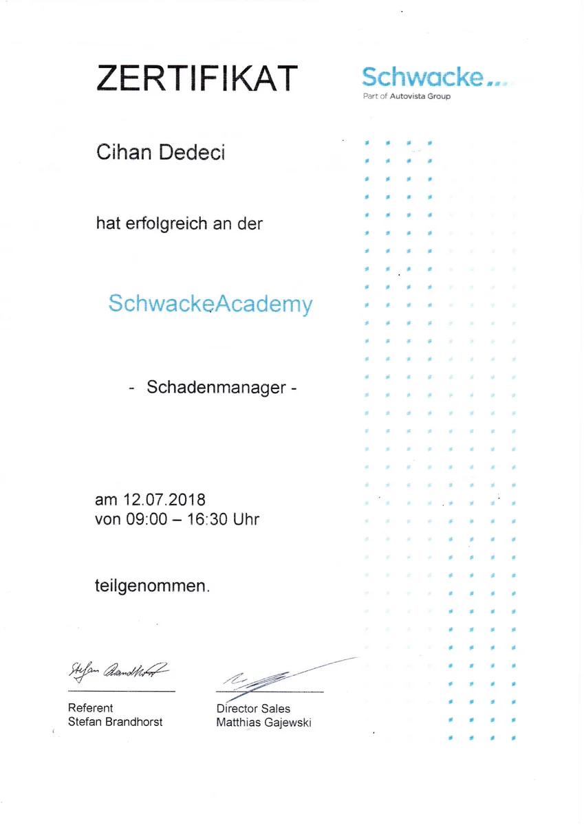 Schwacke Schadenmanager - MainPrüfer Kfz-Gutachter Zertifikat